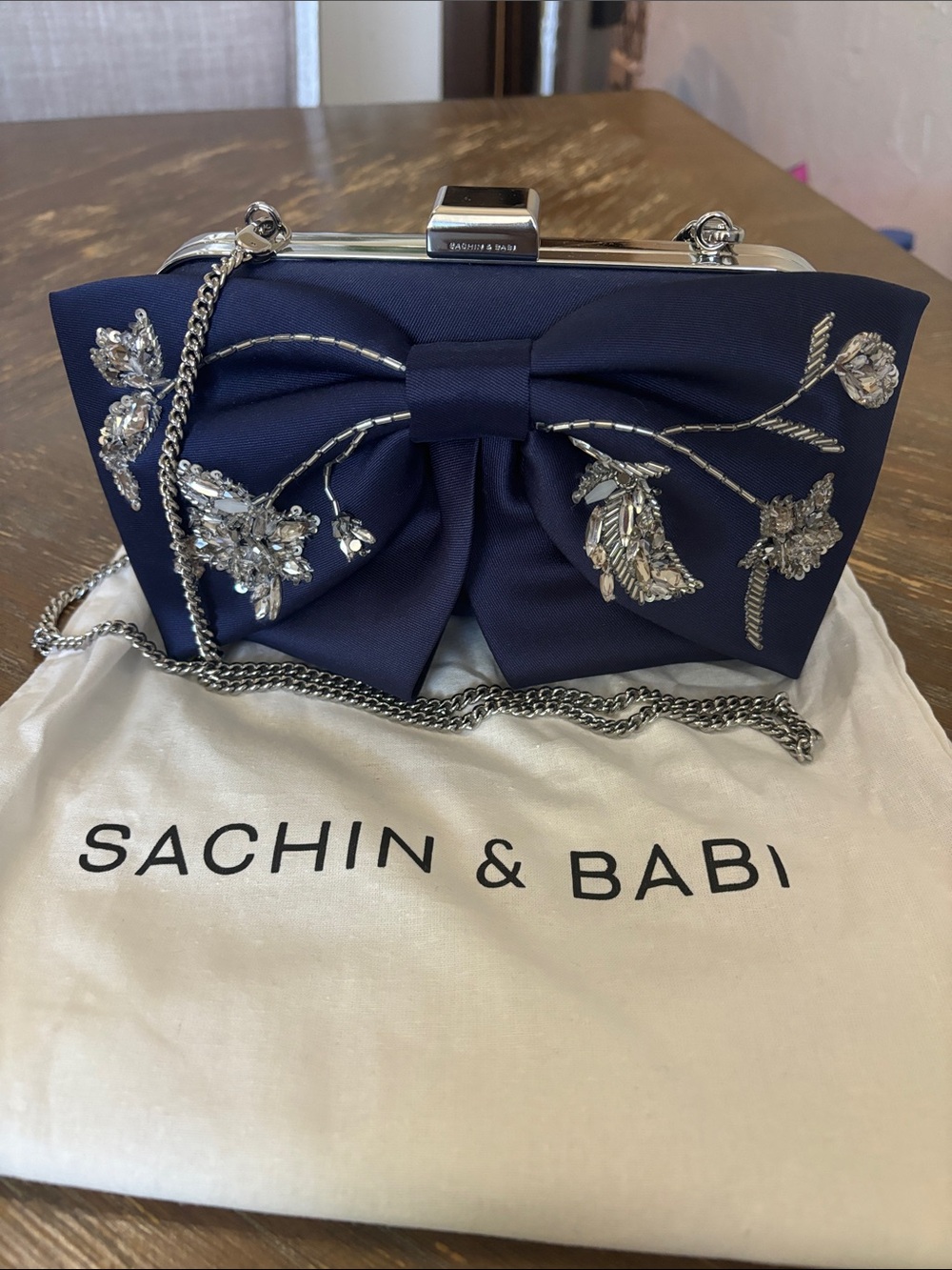 Sachin + Babi Navy Bow Crystal-Embellished Clutch